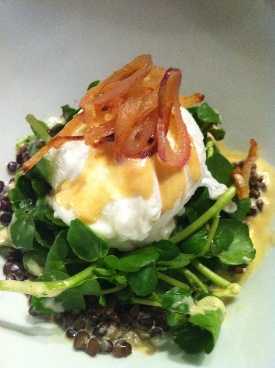 Black lentils, watercress, poached egg, chipotle cream